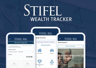 Stifel Wealth Tracker; Image of 3 cell phones with the wealth tracker features on them.